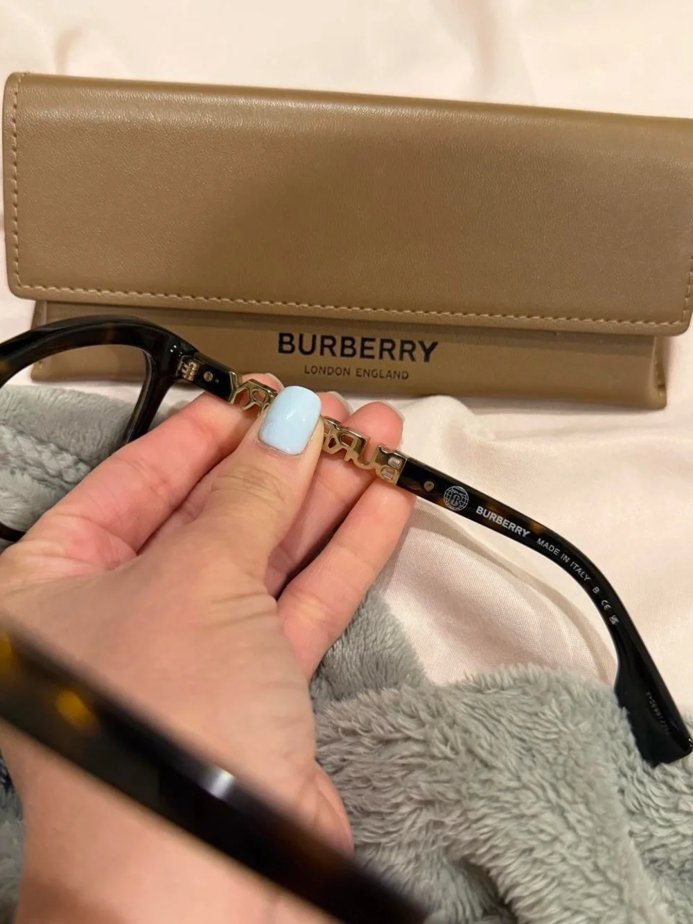 Burberry Tortoiseshell Cat-Eye Glasses with Gold Chain Temple